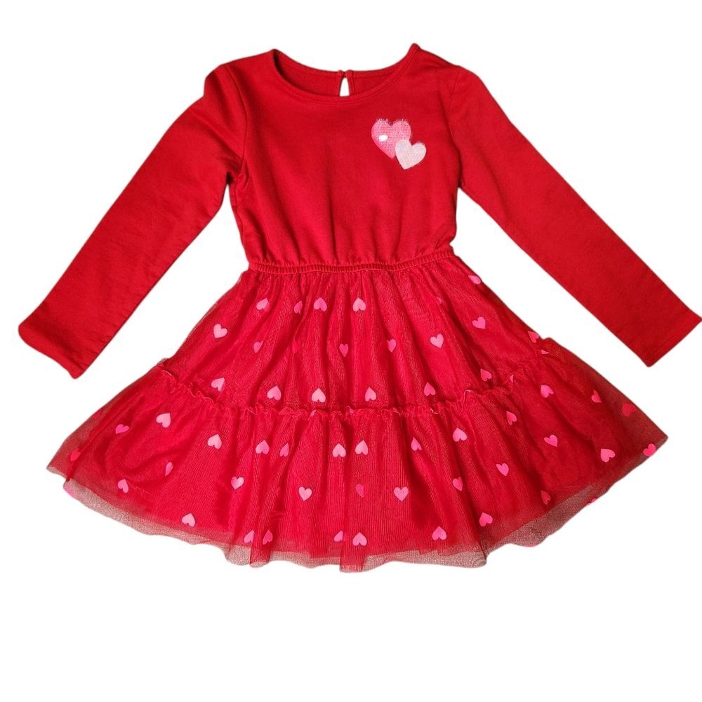 Cat & Jack Girls' Valentine's Day Heart Long Sleeve Dress Size XS (4/5) Red